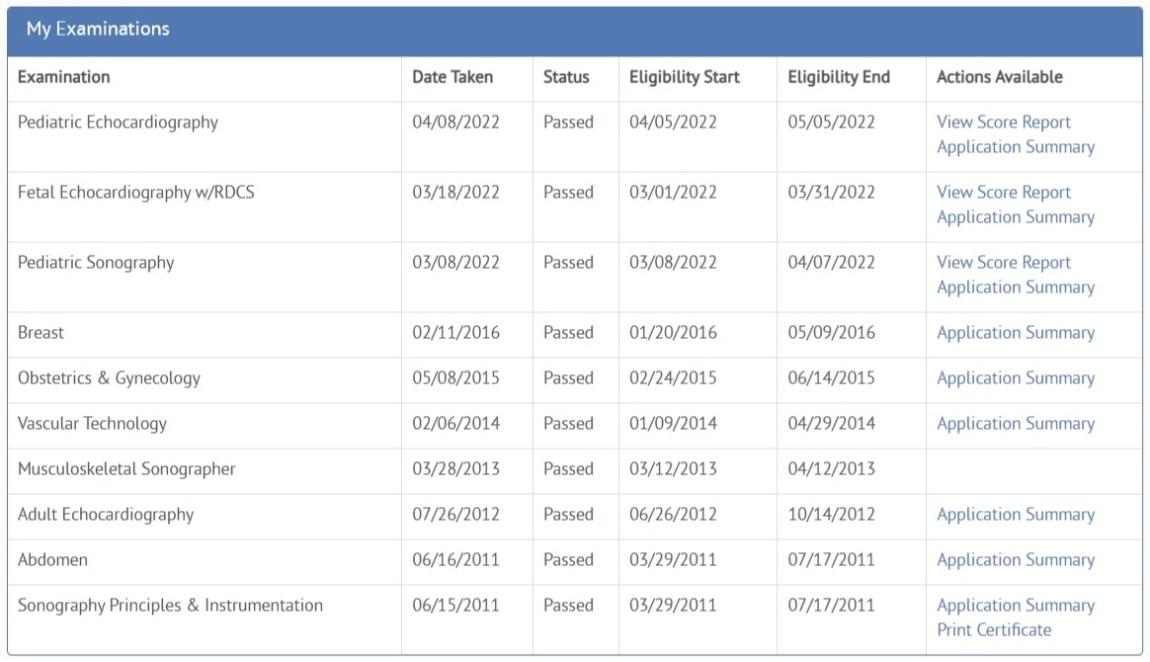 Yeomik Yi's ARDMS exam history, showing every examination passed from 2011 to 2022